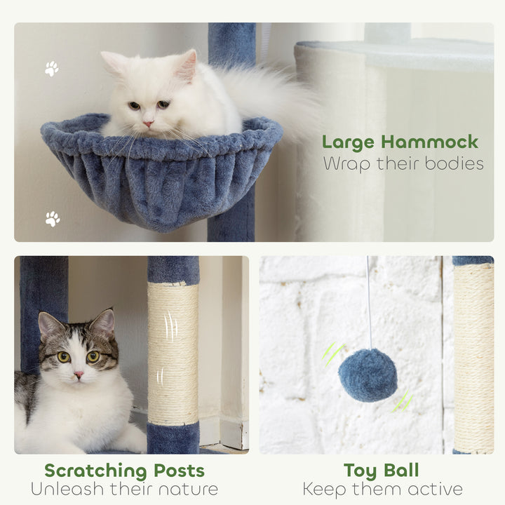 PawHut 48" Modern Cat Tree with Condo, Hammock, Perch, Sisal Scratching Posts, Toy Ball, for Indoor Cats, Blue and Grey