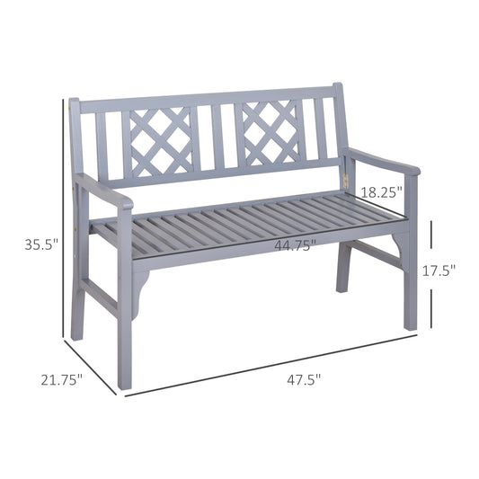 Outsunny Foldable Garden Bench, 2-Seater Patio Wooden Bench, Loveseat Chair with Backrest and Armrest for Patio, Porch or Balcony, Grey