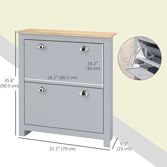 HOMCOM Entryway Shoe Cabinet with 2 Flip Drawers and Adjustable Shelves, 12 Pair Shoe Storage Organizer for Hallway, Grey