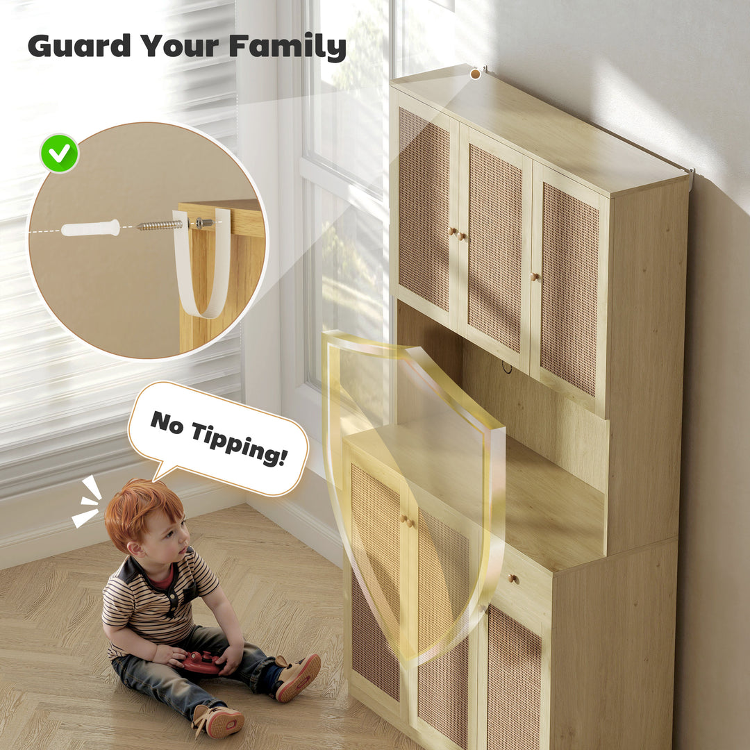 HOMCOM Kitchen Hutch with Microwave Countertop, 71" Boho Kitchen Pantry Cabinet with Decorative Rattan Doors, Natural