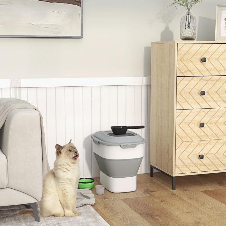 PawHut 6-30lb Dog Food Storage Container Collapsible Design with Airtight Lids, Rolling Wheels, Cup, Bowl, Spoon, Grey