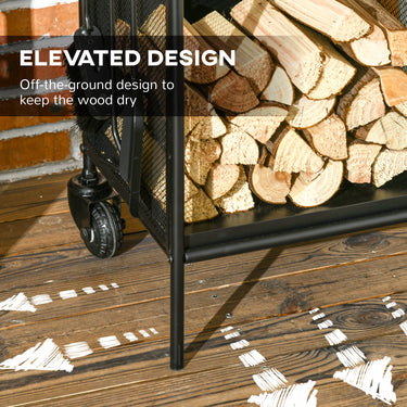 Outsunny 15" Outdoor Firewood Rack with Wheels and Tools, Heavy Duty Wood Storage Stacker, Indoor Outdoor Log Rack, Black