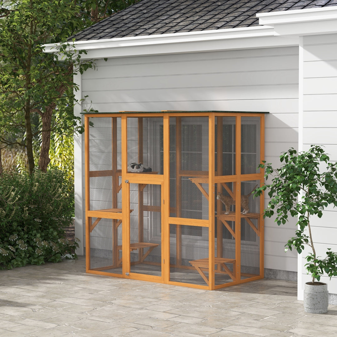 PawHut Large Outdoor Catio Enclosure, Weatherproof Cat House with Asphalt Roof,  Wooden Cat Patio Cage with 6 Balanced Platforms, 71" x 39" x 71", Grey