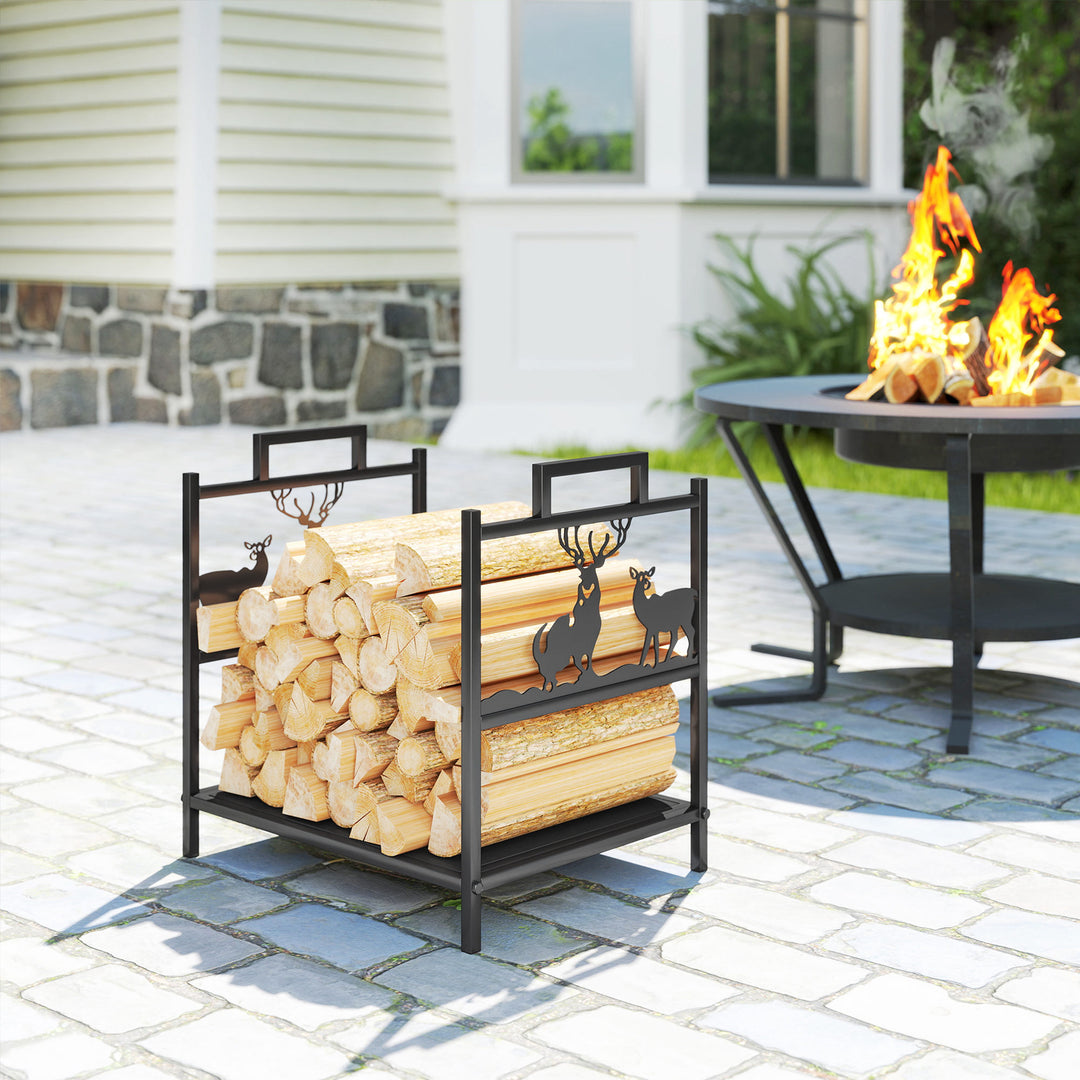 Outsunny Heavy Duty Log Stand, Firewood Rack Outdoor with Handles, Wood Storage Holder for Fireplace, Black