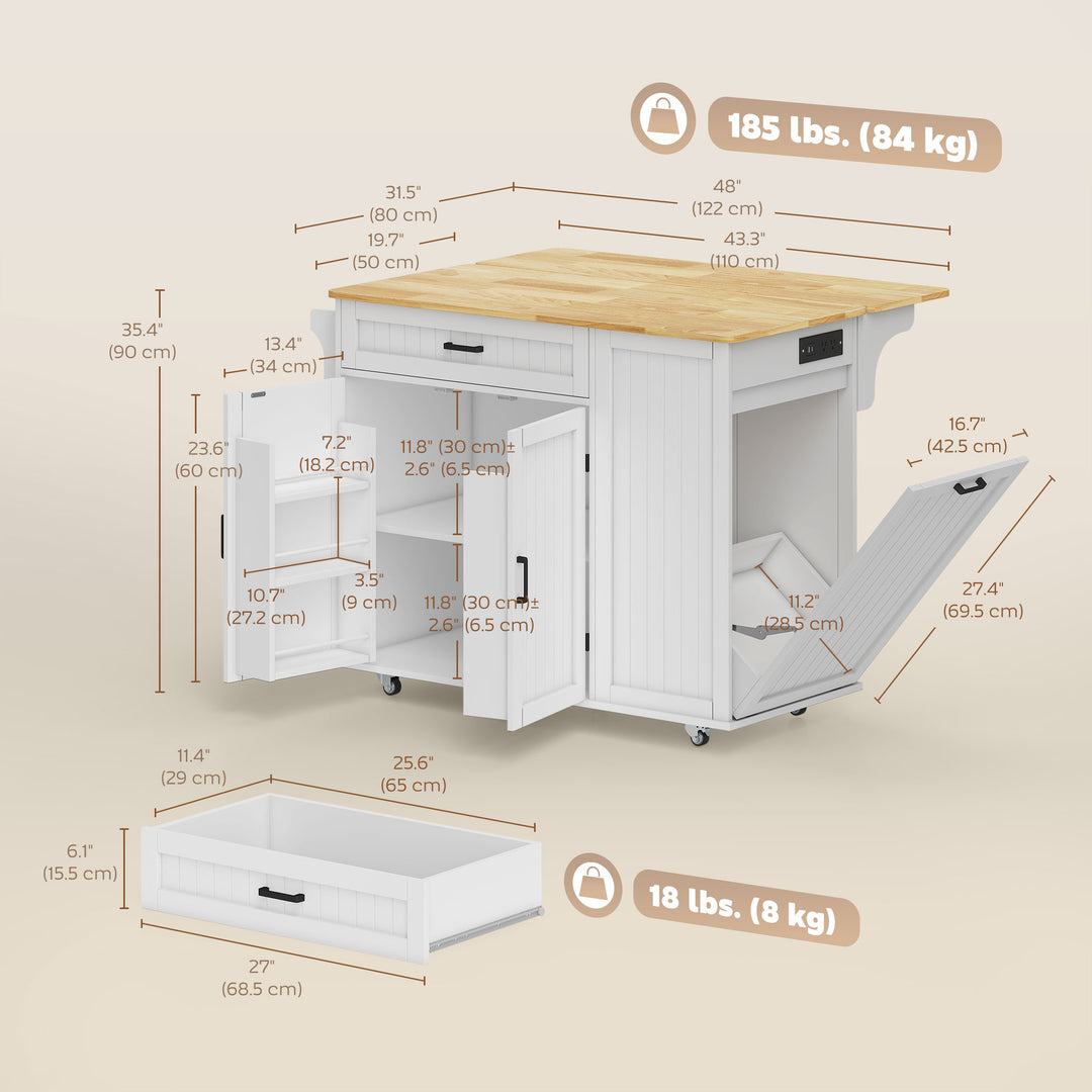 HOMCOM Kitchen Island Cart, Portable Kitchen Island Table with Charging Station, Rubber Wood Drop Leaf, Trash Storage, Black