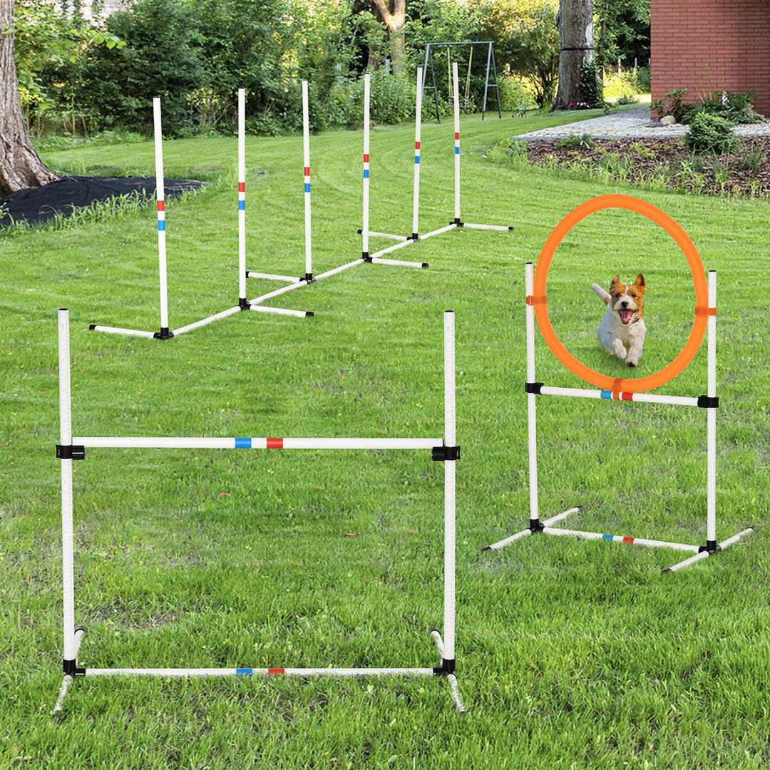 PawHut Adjustable Dog Agility Training Obstacle Set with Weaves Poles and Storage Bag for Pet Dogs Outdoor Games Exercise Blue and White