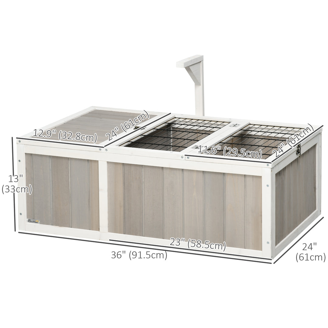 PawHut Wooden Tortoise Habitat with Openable Top, Run Cage, Two Rooms, Grey