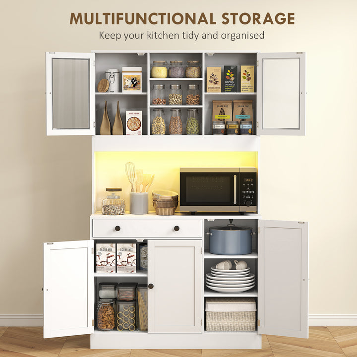 HOMCOM Tall Kitchen Pantry with LED Light, Freestanding Storage Cabinet with Hutch, Shelves, Drawer, Doors, White