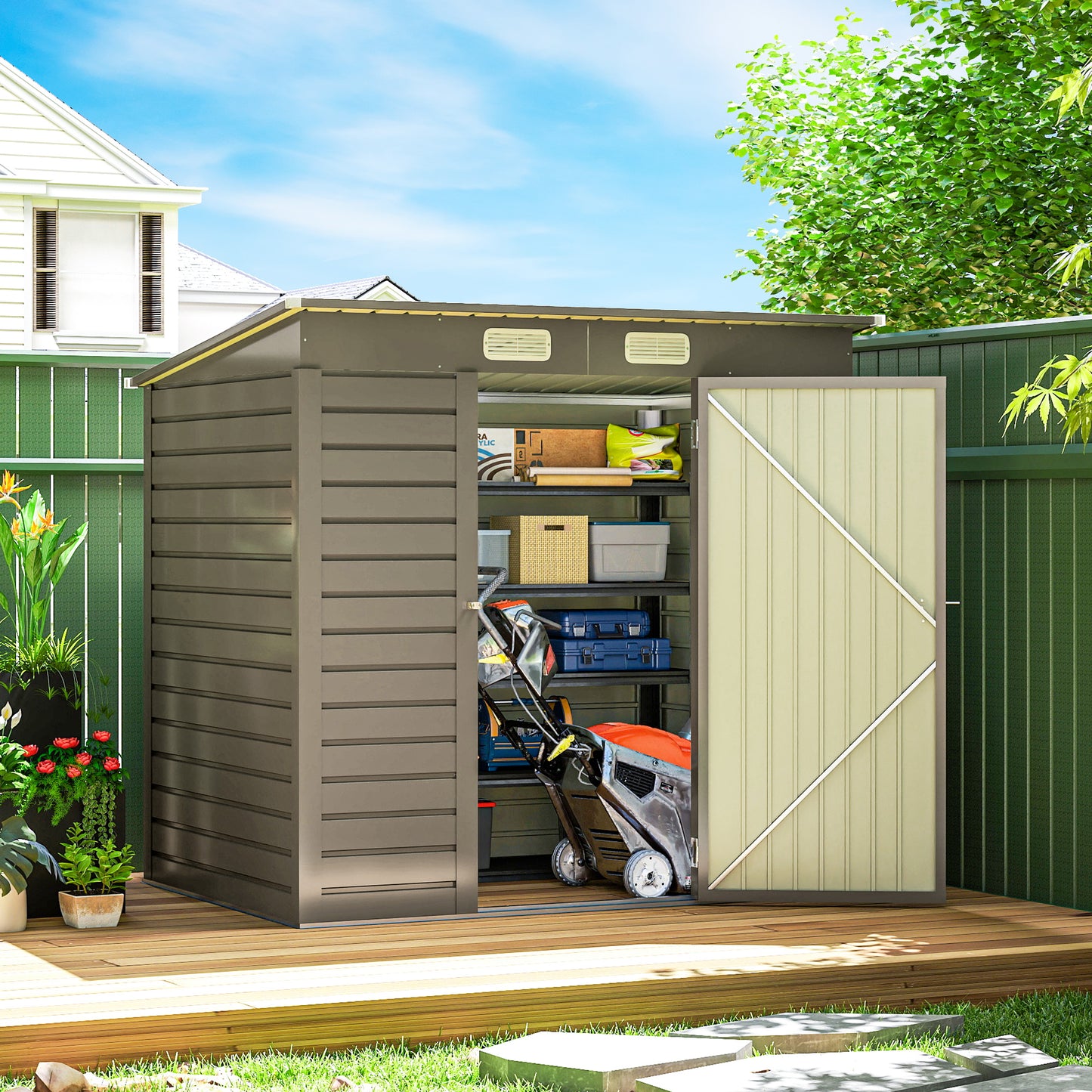 Outsunny 6 x 4FT Galvanized Garden Storage Shed, Metal Outdoor Shed with Double Doors and 2 Vents, Grey