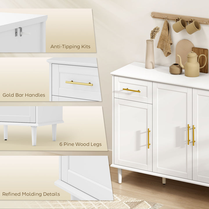 HOMCOM 55" Buffet Cabinet with Soft-Close Doors, Modern Sideboard with 2 Drawers, 3 Adjustable Shelves and 4 Doors, White