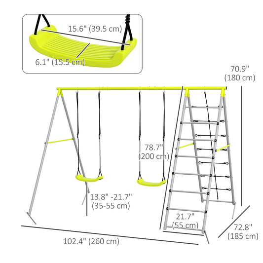 Outsunny 4 in 1 Metal Swing Set with Double Swings, Climber, Climbing Net for Kids, Toddlers, Backyard, Outdoor, Playground