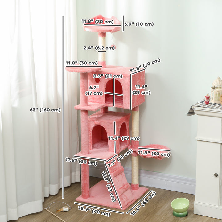 PawHut 63 Inch Cat Tree with Sisal Scratching Posts, Condos, Plush Perches, Hammock, Ladder, Dangling Balls, Pink