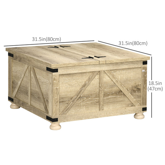 HOMCOM Farmhouse Coffee Table, Square Center Table with Flip-top Lids, Hidden Storage Compartment and Wooden Legs, Oak