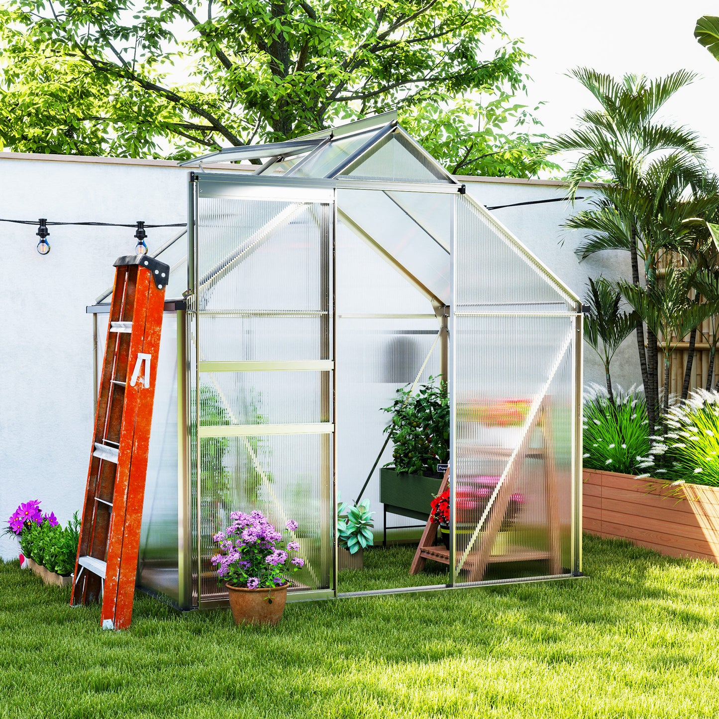 Outsunny 6' x 12' x 6.5' Walk-in Greenhouse, Polycarbonate Greenhouse with Adjustable Roof Vent, Base, Sliding Door, Clear