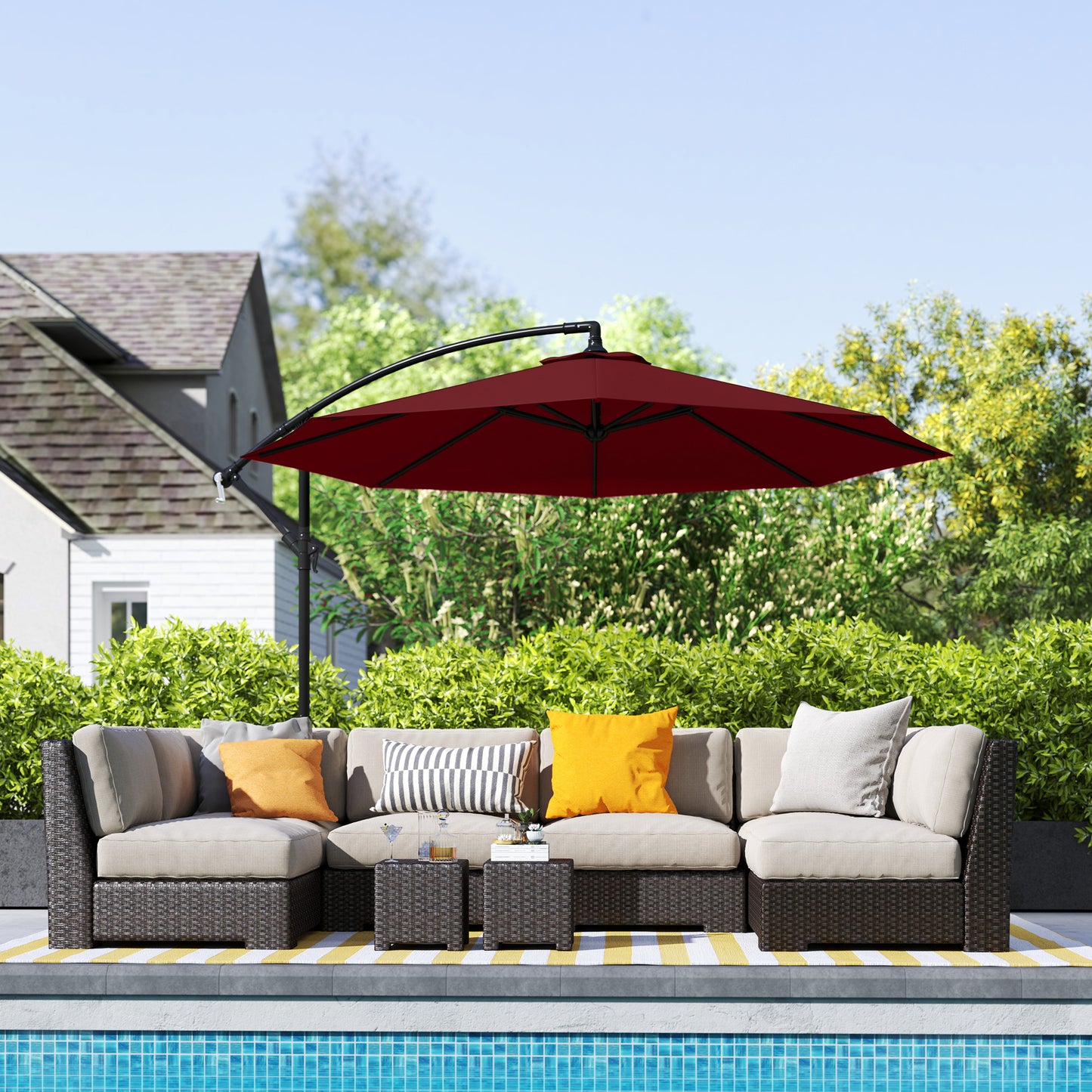 Outsunny 10ft Offset Patio Umbrella with Base, Garden Hanging Parasol with Crank, Banana Cantilever Umbrella Sun Shade, Green