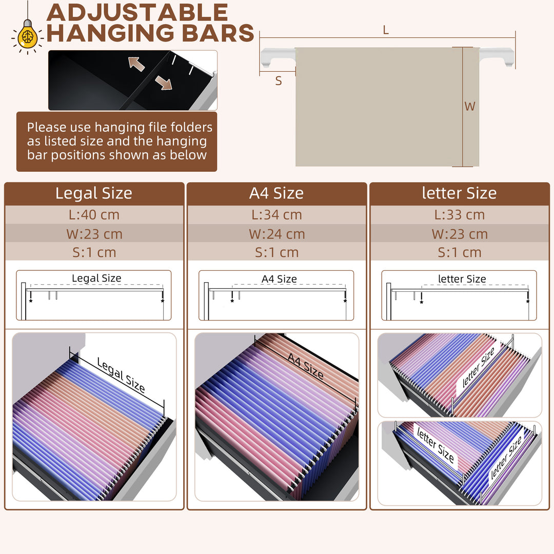 Vinsetto Vertical Steel Filing Cabinet on Wheels, 3-Drawer Lockable File Cabinet with Adjustable Hanging Bar for A4, Legal and Letter Size, Black