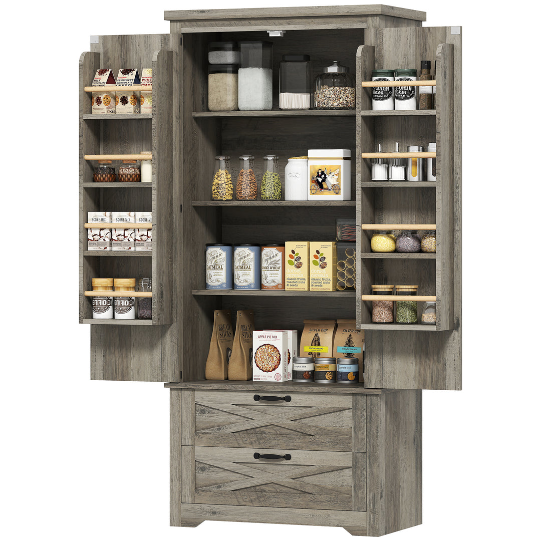 HOMCOM Farmhouse Kitchen Pantry Storage Cabinet, 64" Freestanding Kitchen Pantry Cabinet with Drawers, Distressed White