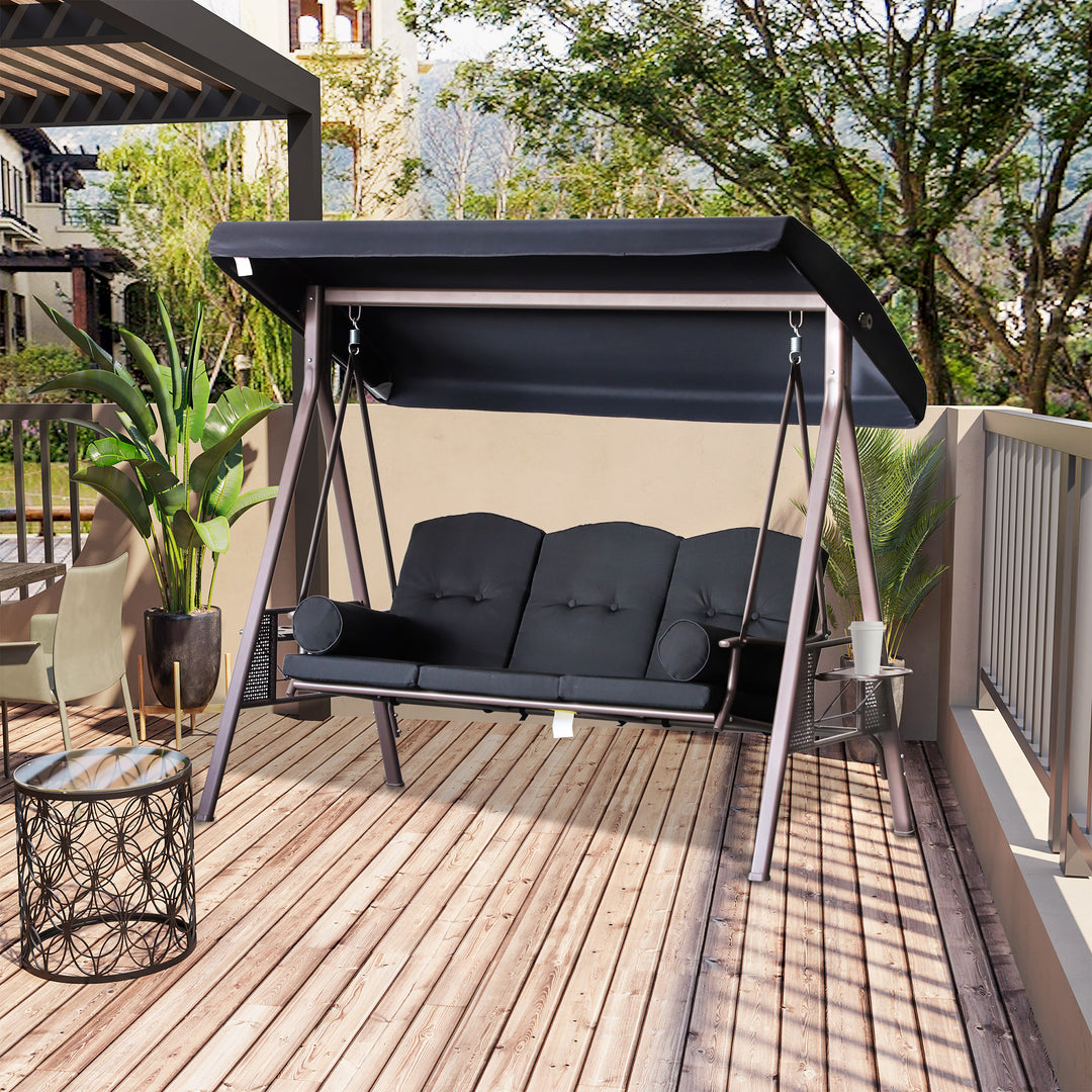 Outsunny Outdoor Patio 3-Person Steel Canopy Cushioned Seat Bench Swing with Included Side Trays & Padded Comfort, Black