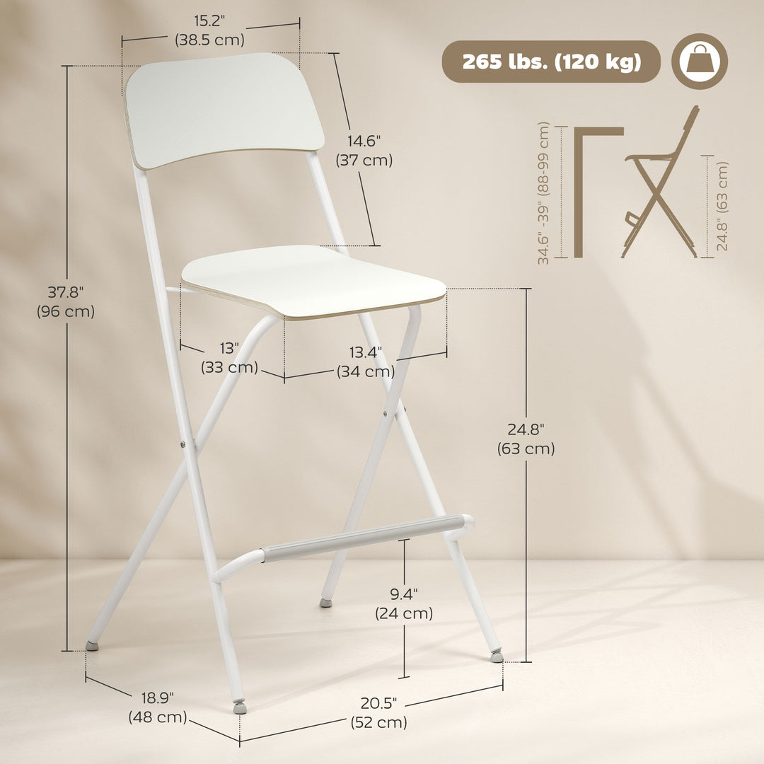 HOMCOM Folding Bar Stools Set of 2, Counter Height Foldable Stool with Wooden Effect Seat and Steel Frame for Kitchen, White