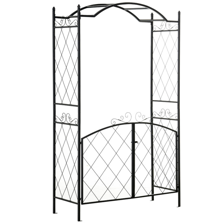 Outsunny 7FT Metal Garden Arch with Gate Climbing Planter Frame Backyard Decor for Vines Morning Glory Black