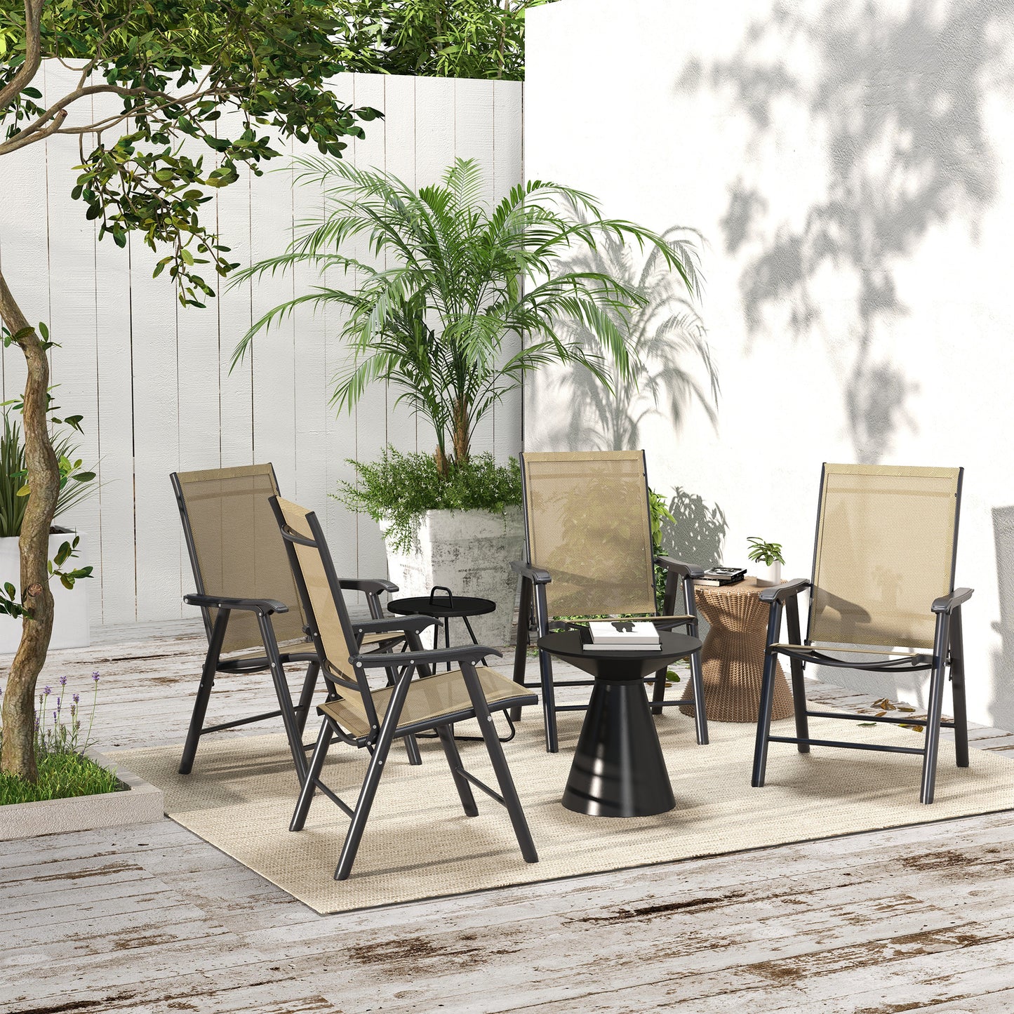 Outsunny 4-Piece Folding Chair Set for Relaxing on Patio Balcony Garden, Comfortable Outdoor Furniture with Armrests, Brown