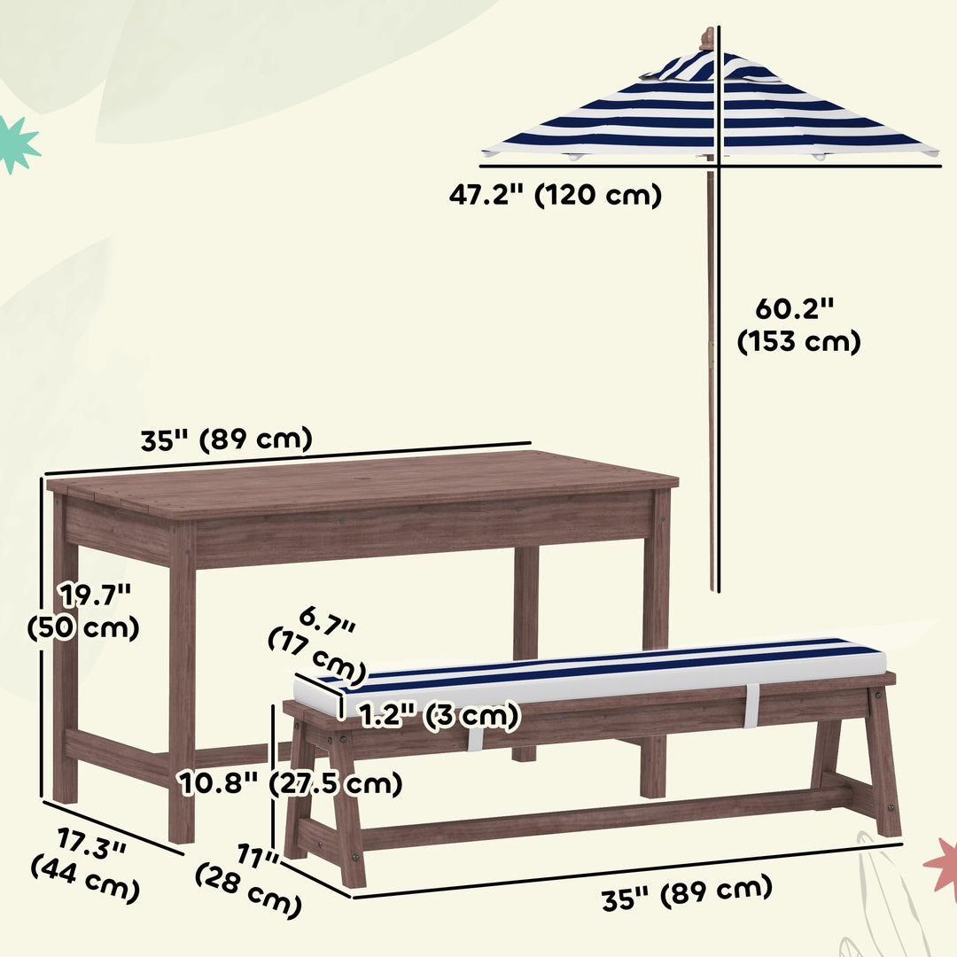 Qaba Wooden Kids Picnic Table & Bench Set with Removable Umbrella, Cushions, for Garden, Backyard, Patio, Navy Blue
