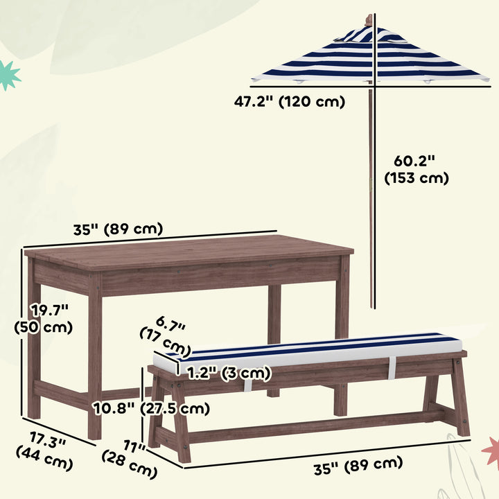 Qaba Wooden Kids Picnic Table & Bench Set with Removable Umbrella, Cushions, for Garden, Backyard, Patio, Navy Blue