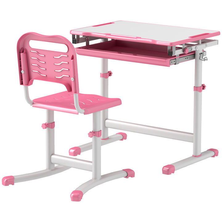 Qaba Height Adjustable Study Table and Chair Set with Drawer, Pen Slot, Tiltable Desktop, Hook, Pink