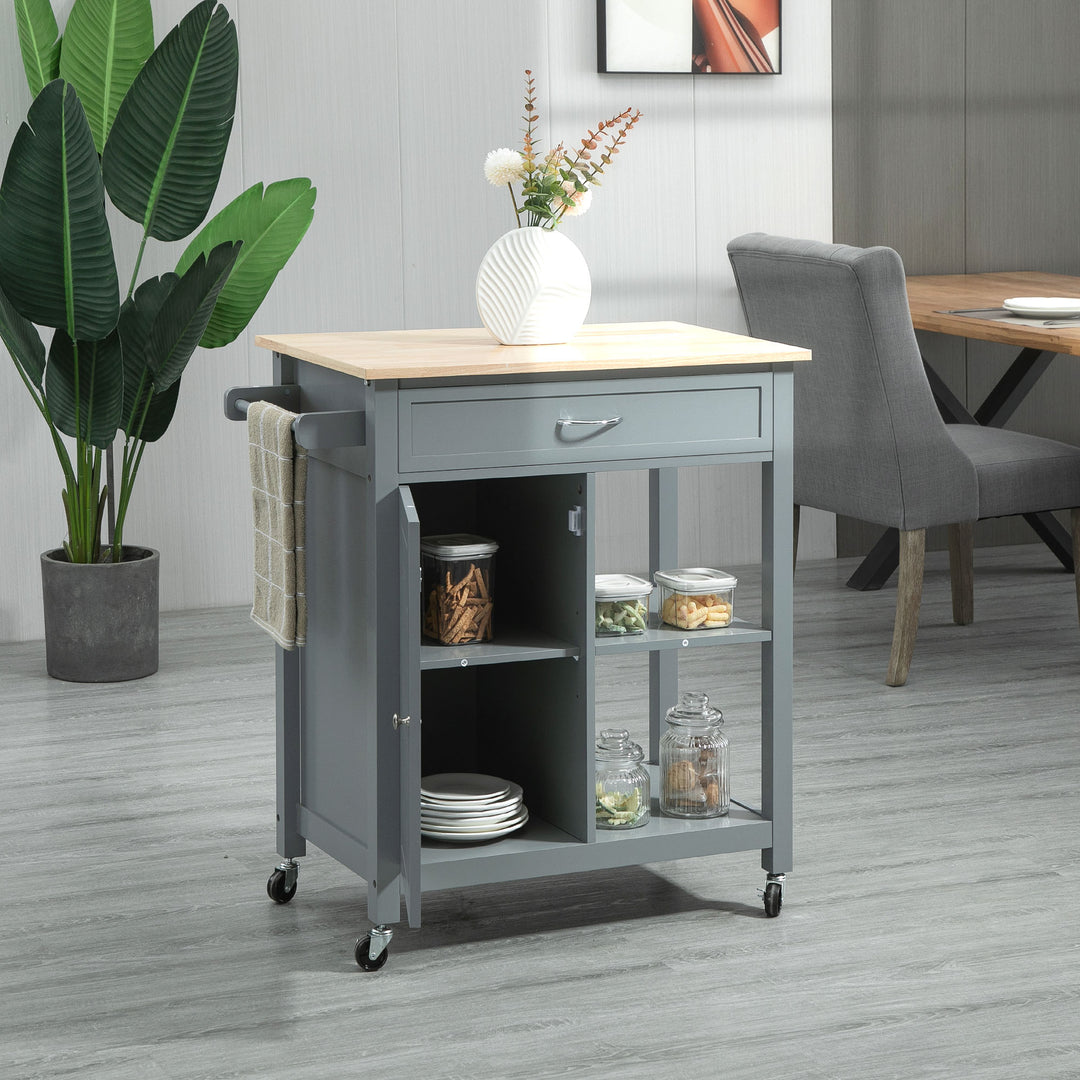 HOMCOM Rolling Kitchen Cart with Wood Top and Drawer, Kitchen Island on Wheels for Dining Room, Grey