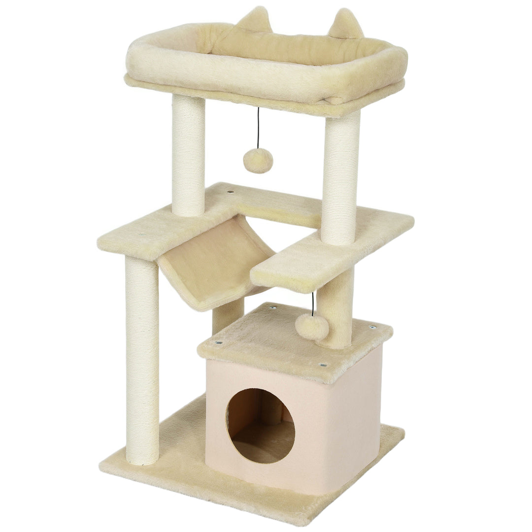 PawHut 39.25'' Cat Tree Tower Multi-Level Kitten House with Scratching Post Condo Hammock Bed Ball Toy - Grey