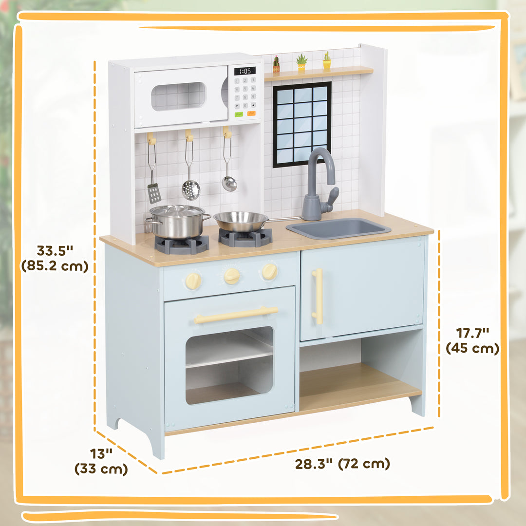 Qaba Pretend Play Kitchen, Kids Kitchen Playset with Stove Microwave Oven, Turning Knobs, Cooking Accessories