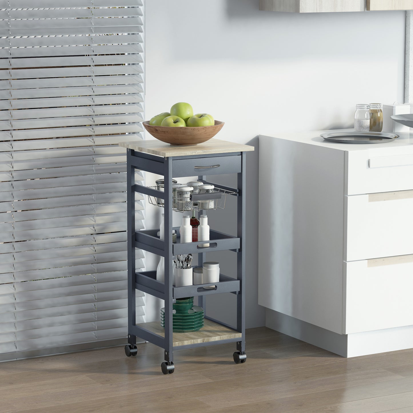 HOMCOM Rolling Kitchen Island Cart, Mobile Utility Storage Cart with Drawer, Wire Storage Basket, Removable Tray, Grey