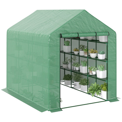 Outsunny 8' x 6' x 7' Portable Walk-In Greenhouse Hot House with 18 Shelves,  Water/UV Resistant Weather Cover, & Roll Up Door