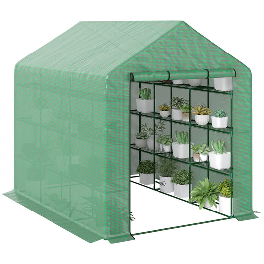 Outsunny 8' x 6' x 7' Portable Walk-In Greenhouse Hot House with 18 Shelves,  Water/UV Resistant Weather Cover, & Roll Up Door