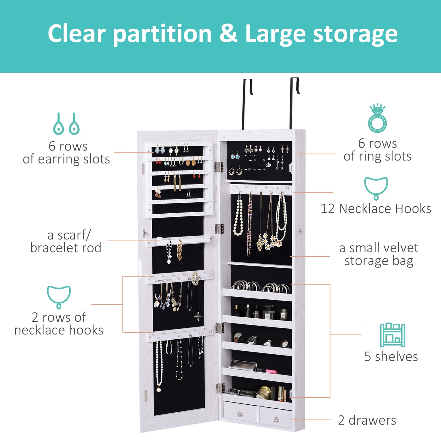 HOMCOM Mirror Jewelry Cabinet Armoire with LED Lights and 2 Keys, Wall Door Mounted Jewelry Organizer, Lockable Full-length Mirror, Wood Grain Grey