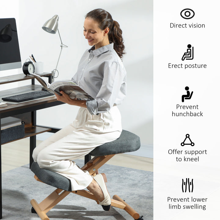 HOMCOM Ergonomic Kneeling Chair, Posture Chair with Rubberwood Frame, Wheels for Home Office, Posture Correction, Cream White