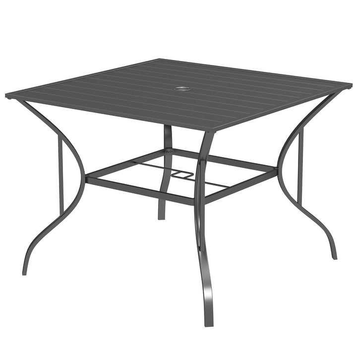 Outsunny Outdoor Dining Table for Four, Patio Table with Parasol Hole, Square Garden Table with Slatted Metal Plate Top, for Backyard, Poolside, Black