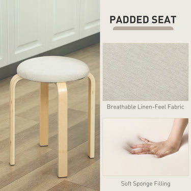 HOMCOM Stackable Wood Stools Set of 4, Stacking Kitchen Stools with Padded Seat for Dining Room, Living Room, Cream White