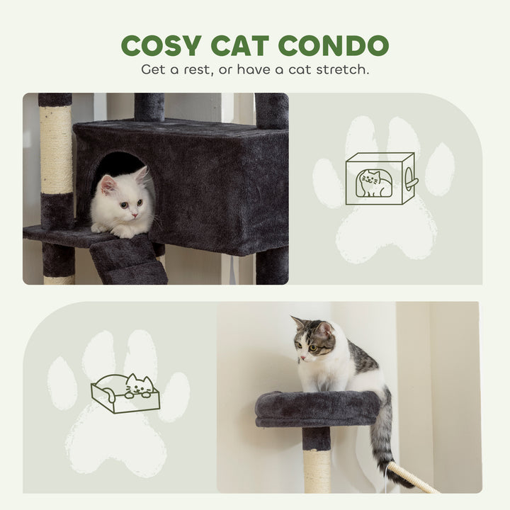PawHut 59 Inch Large Cat Tree with Sisal Scratching Posts, Cozy Condo, Top Perch, Ladder and Interactive Balls, Dark Grey