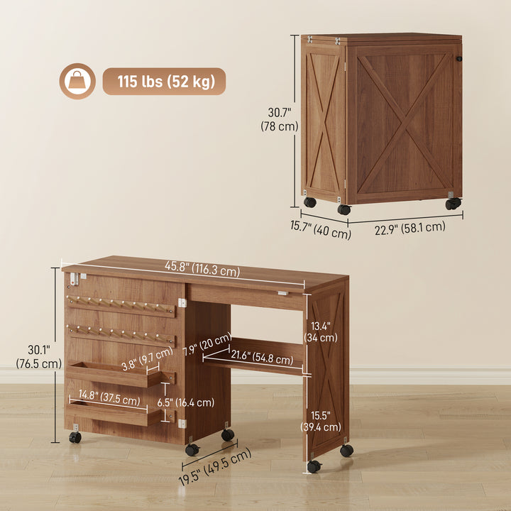 HOMCOM Sewing Machine Table on Wheels, Folding Craft Table with 2 Bins, Storage Shelf, 18 Pegs, Lockable Wheels, Brown