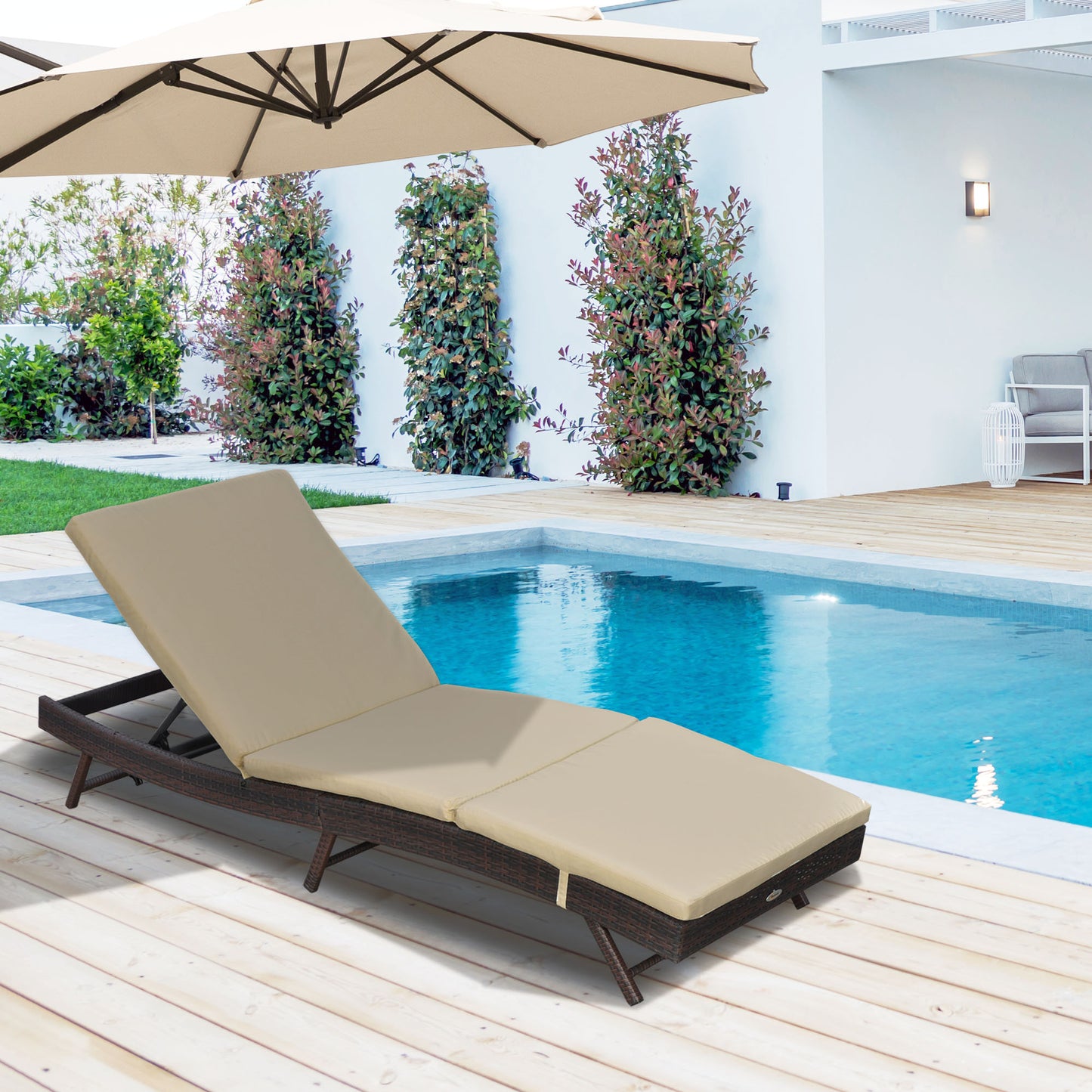 Outsunny Wicker Patio Lounger, Outdoor S Shape Recliners Lounge Chair w/ 5-Level Adjustable Backrest, Soft Padded Cushion for Outdoor Use, Cream White
