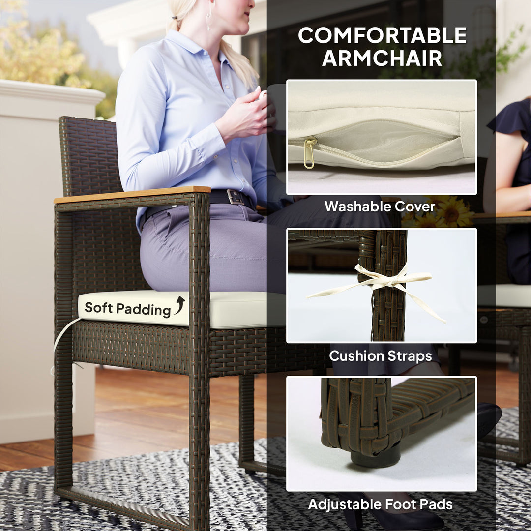 Outsunny 3 Pieces Wicker Patio Furniture Set, Rattan Bistro Set w/ Acacia Wood Table & Removable Cushions, Dark Blue