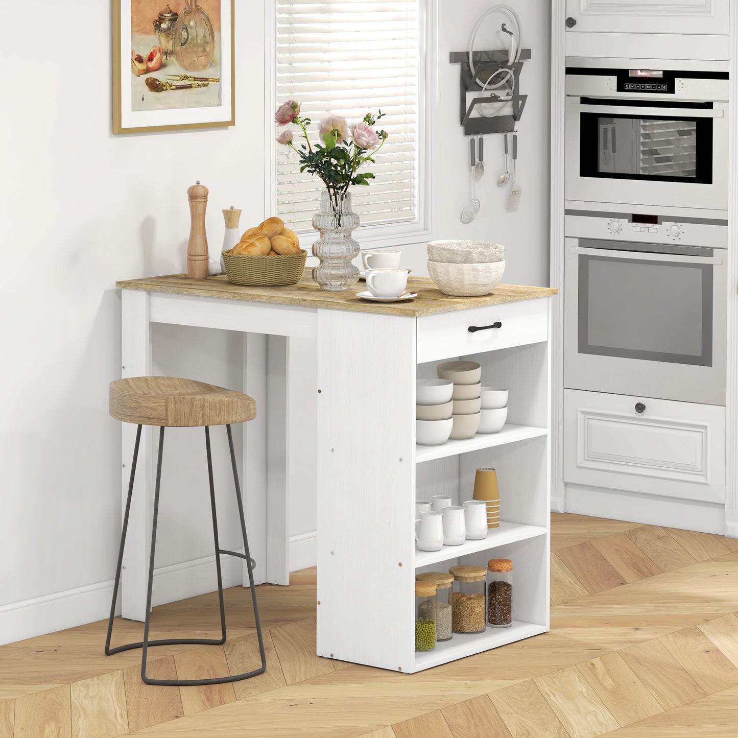 HOMCOM Bar Table with Drawer and 3 Storage Shelves, Bar Height Table, High Top Pub Table for Home Bar, Kitchen, Grey