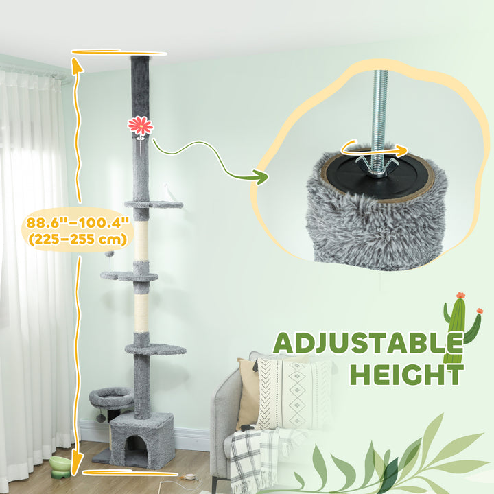 PawHut Floor to Ceiling Cat Tree, 4 Tiers Tall Kitty Climbing Tower with Scratching Post, Adjustable Height 87-100"