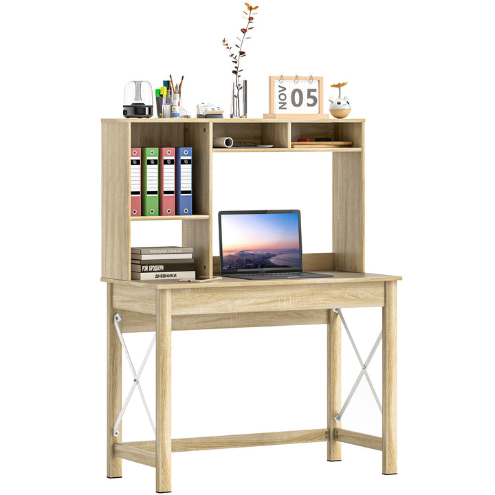 HOMCOM Computer Desk with Hutch, Home Office Table with Storage Shelves and Open Compartments for Writing, Work, Brown