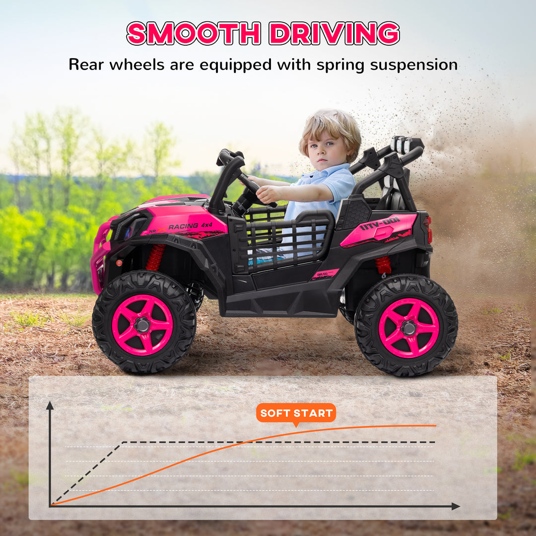 Qaba 2 Seater 24V Electric Car for Kids w/ Remote Control, 3 Speed, LED Lights, Music, Horn, Spring Suspension, Pink