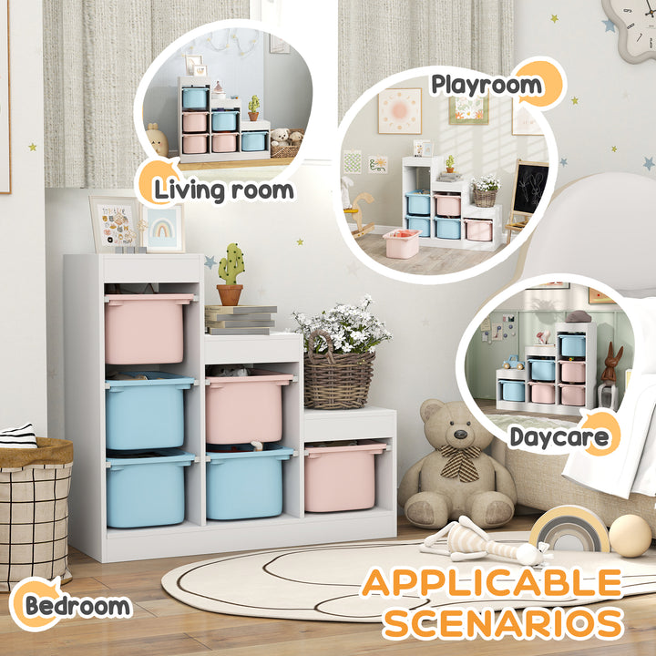 Qaba 3 Layers Toy Storage Organizer Kids Bookshelf Children Toy Storage w/ 6 Plastic Bins, Grey