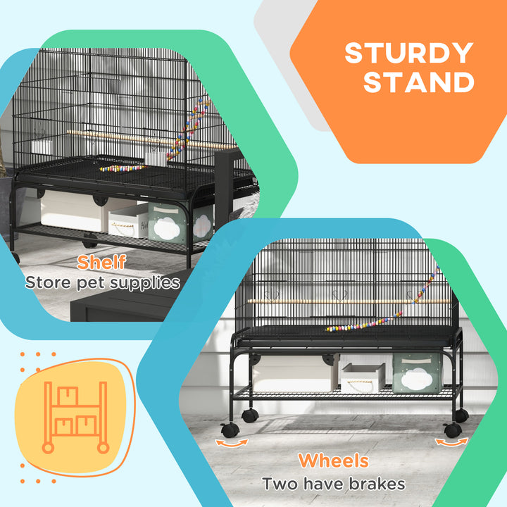 PawHut 63" Bird Cage w/ Open Top for Budgies, Cockatiels, Lovebirds Finches, Stand, Toys, Removable Tray, Storage Shelf