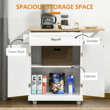 HOMCOM Foldable Kitchen Island with Storage Drawer, Farmhouse Style Rolling Utility Cart, Coffee Bar Cabinet on Wheels with Drop-Leaf Wood Top, White