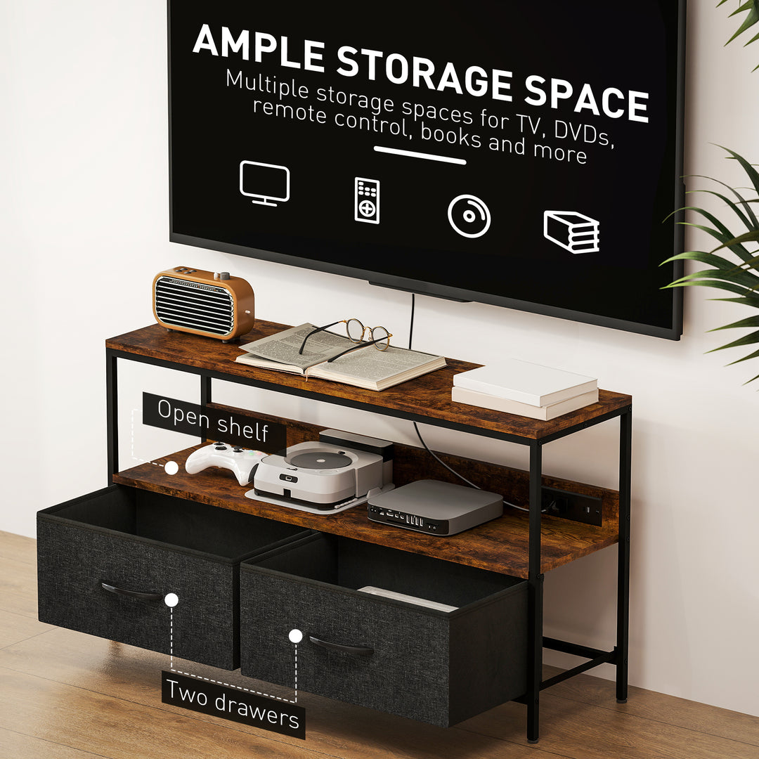 HOMCOM TV Stand with Charging Station, TV Table with 2 Foldable Linen Drawers and Open Shelf for 47 Inch TV, Rustic Brown